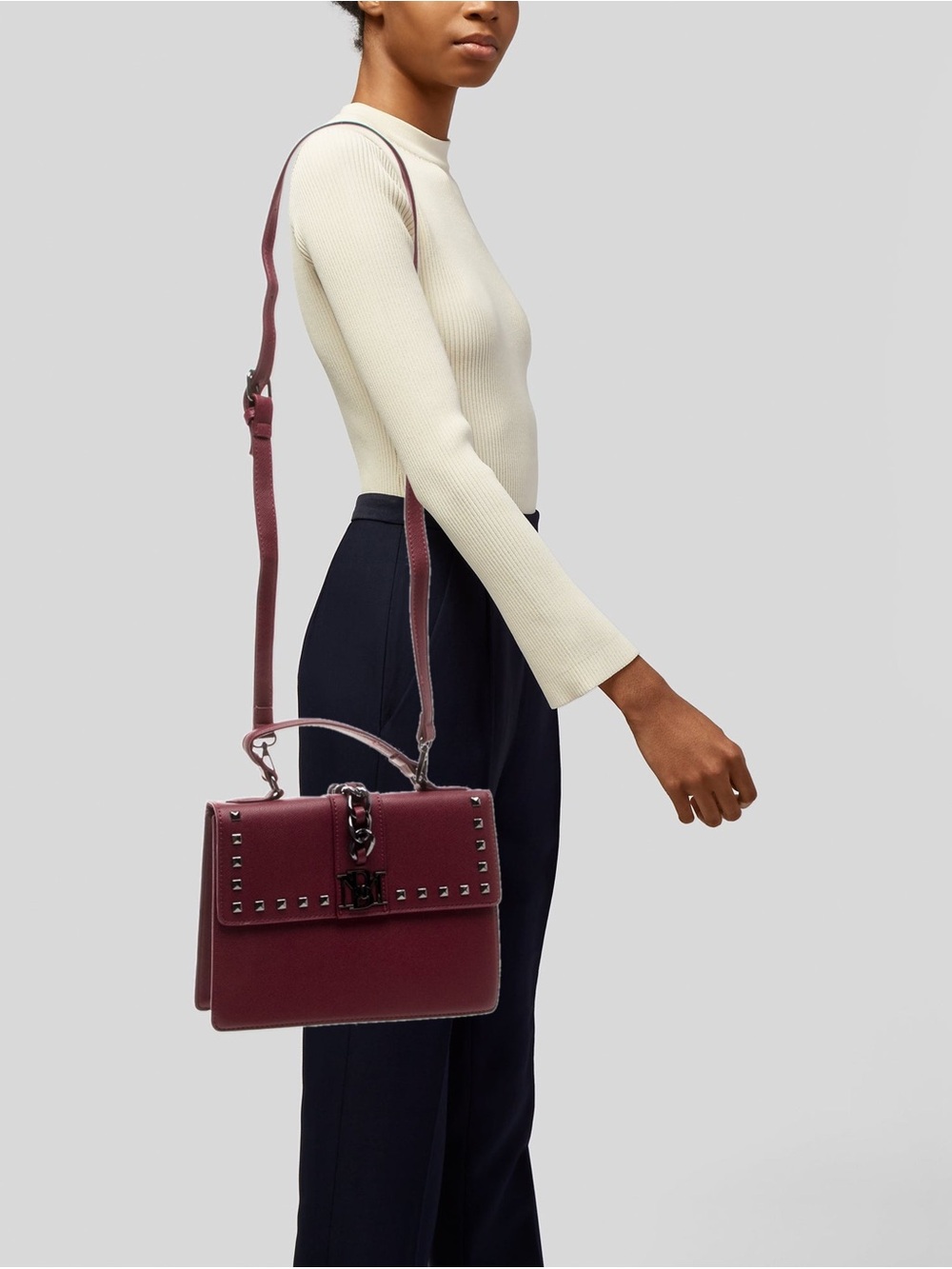 Badgley Mischka Burgundy Studded Top-Handle Shoulder Bag (Vegan)